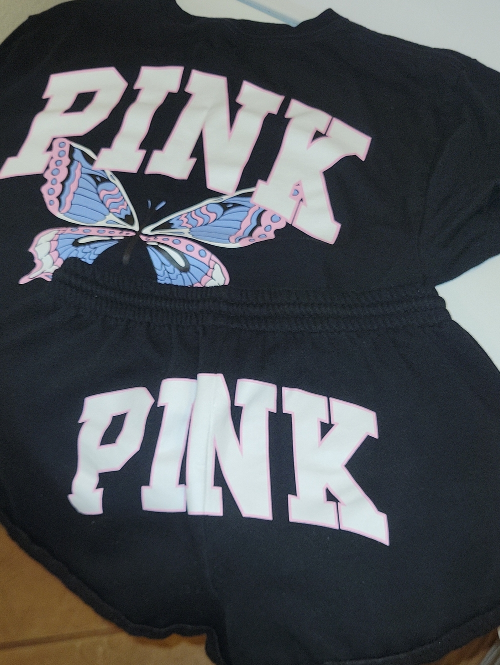 PINK Victoria's Secret Y2k Black Graphic Tee with Pink & Blue Butterfly Set
